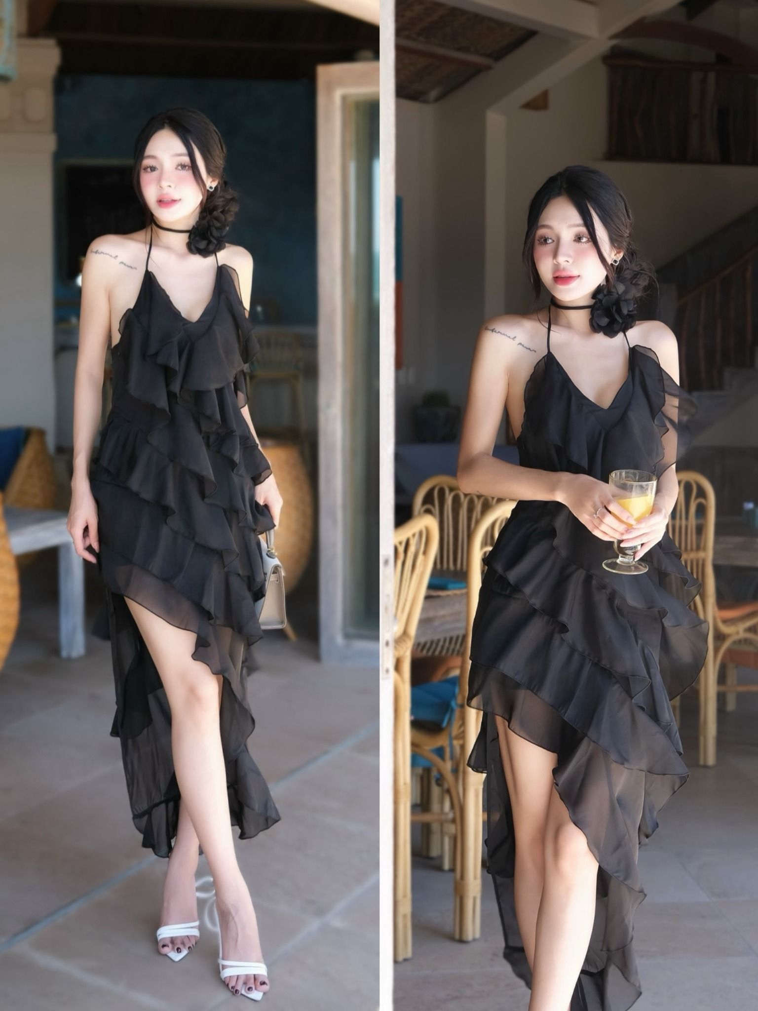 Đầm Voan Yếm Tầng Xéo Kèm Hoa