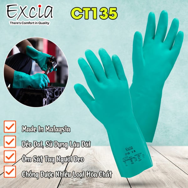 Găng Tay Cao Su Chống Hóa Chất Excia CT135 Màu Xanh