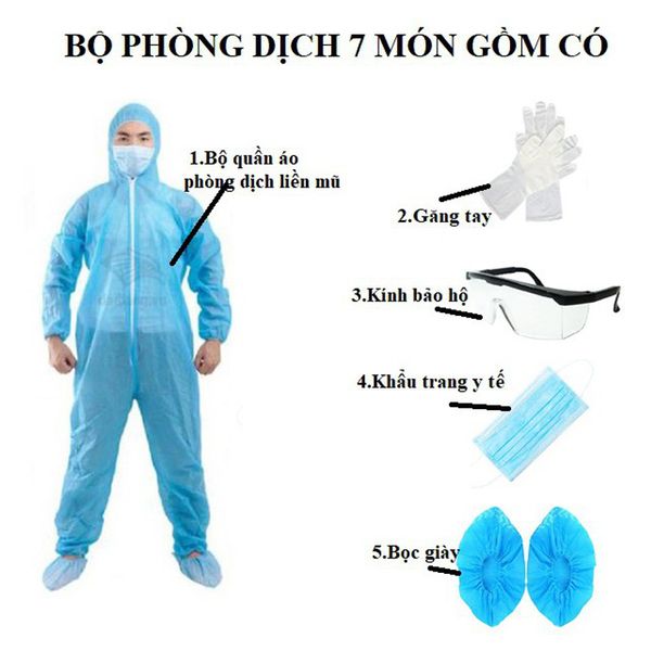Quần Áo Phòng Dịch 7 Món: Bộ Quần Áo Liền Mũ + Bọc Giày + Găng Tay + Kính + Khẩu Trang