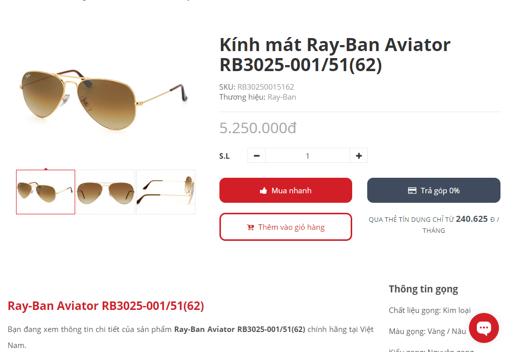 (ĐÃ BÁN) Ray Ban RB3025 001/51 62