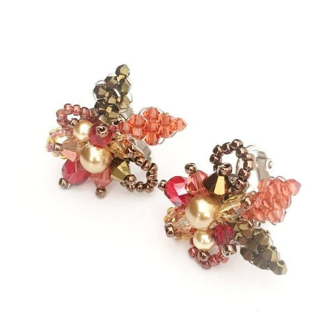 Hoa tai kẹp handmade pha lê mix cườm đồng-hồng
