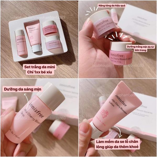 Set Dưỡng Da Trắng Hồng Innisfree Jeju Cherry Blossom 4 Món Mini