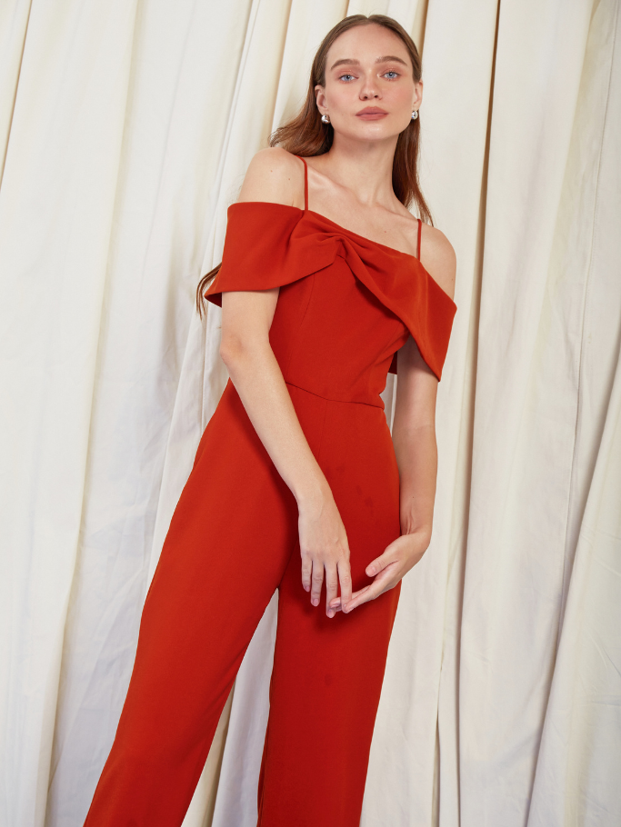  Jumpsuit Đỏ Cam Xếp Nơ 