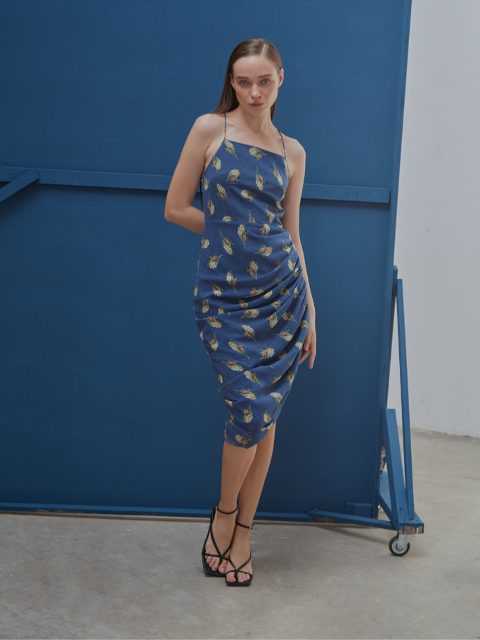 Đầm 2 Dây Hoa Xanh Rút Dây Dự Tiệc