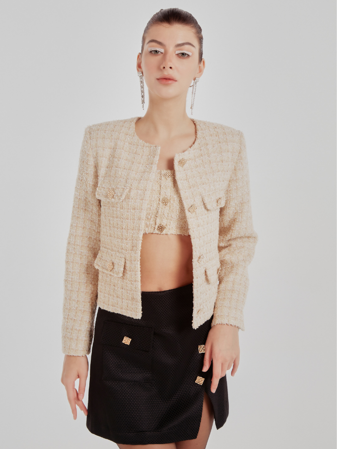  Croptop Tweed Gold Đính Nút 