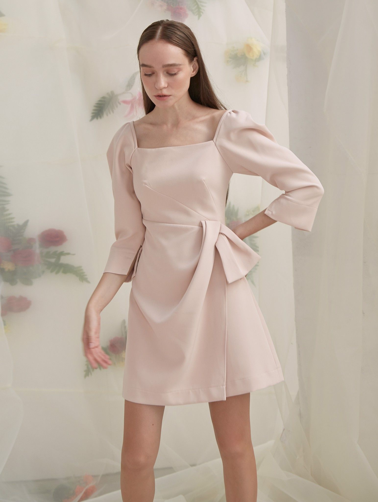 Đầm Pastel Hồng Phối Nơ