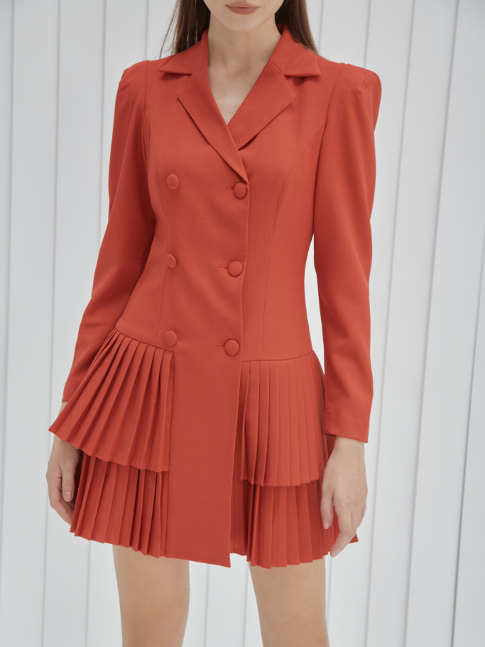 Đầm Vest Đỏ Cam Dập Ly 2 Tầng