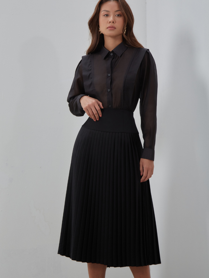 Váy Midi Đen Dập Ly