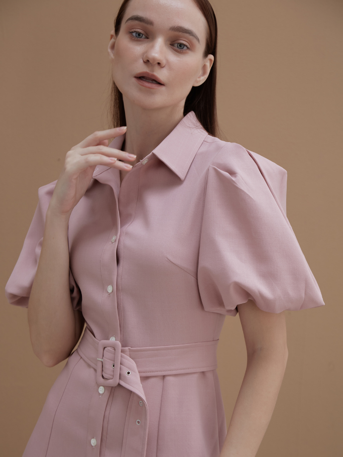 Đầm Sơ Mi Hồng Tay Phồng Kèm Belt