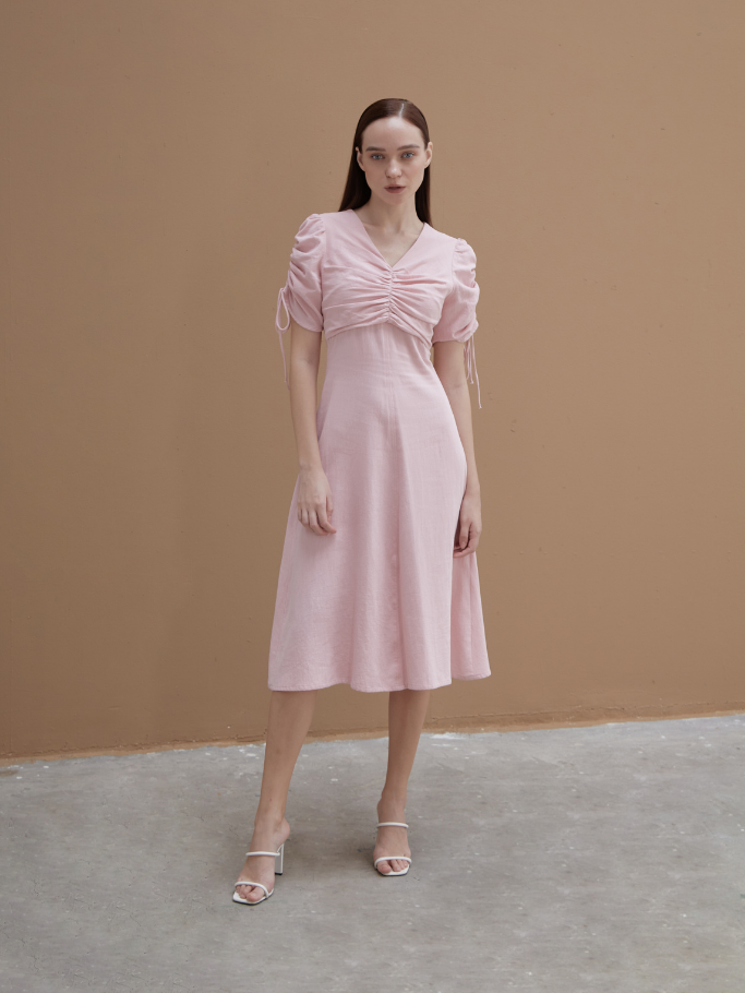 Đầm Cotton Hồng Linen Tay Rút