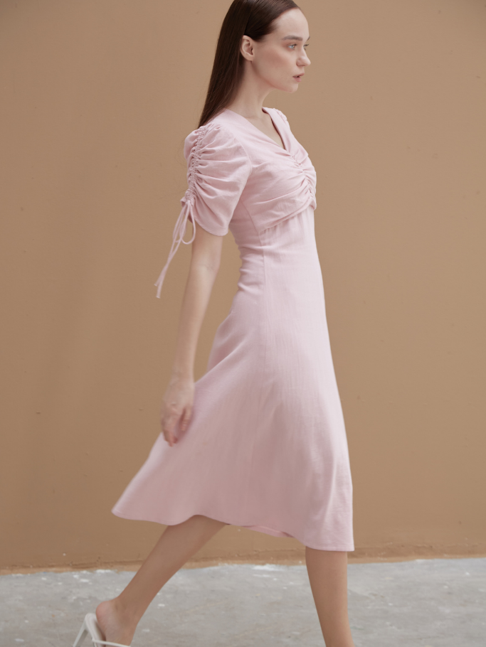 Đầm Cotton Hồng Linen Tay Rút