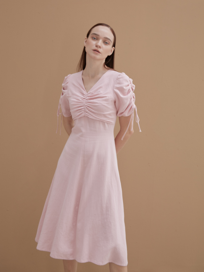 Đầm Cotton Hồng Linen Tay Rút