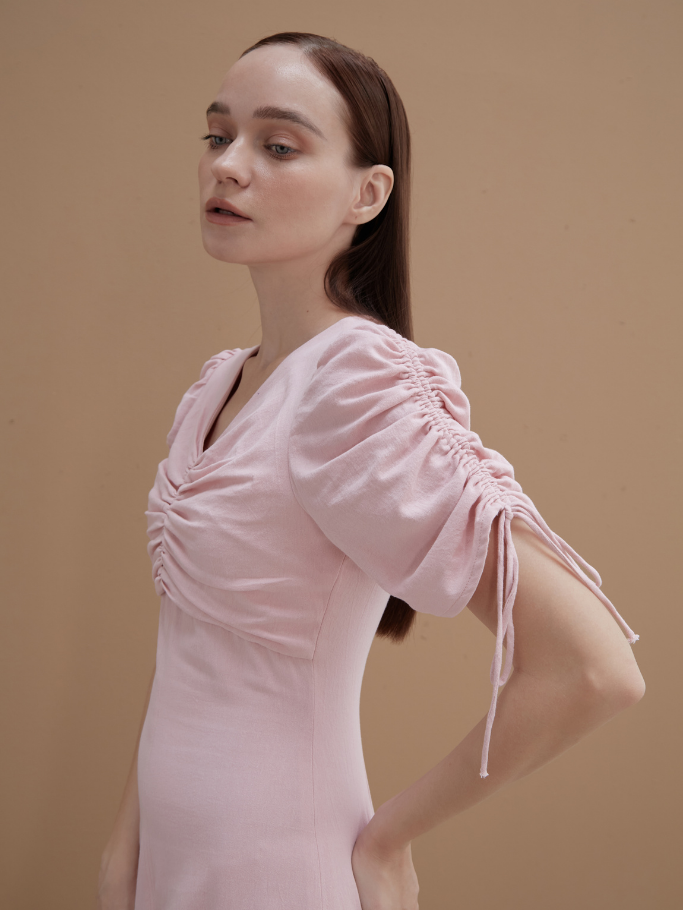 Đầm Cotton Hồng Linen Tay Rút