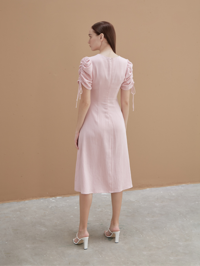 Đầm Cotton Hồng Linen Tay Rút