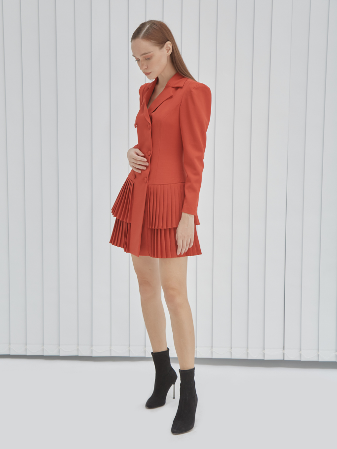 Đầm Vest Đỏ Cam Dập Ly 2 Tầng