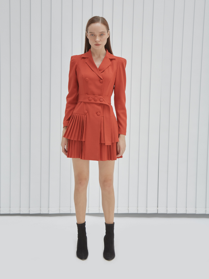 Đầm Vest Đỏ Cam Dập Ly 2 Tầng