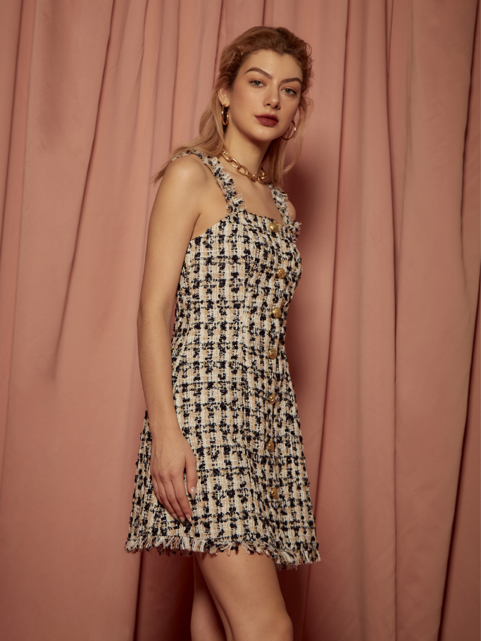 Đầm Tweed 2 Dây Xé Tua