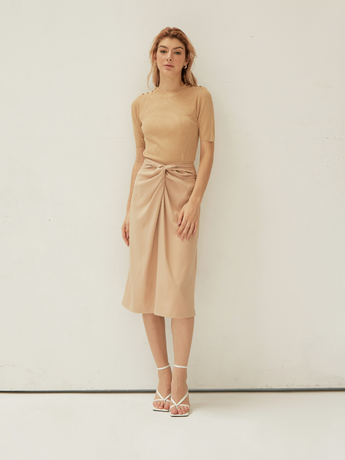 Váy Midi Nâu Xoắn Nơ