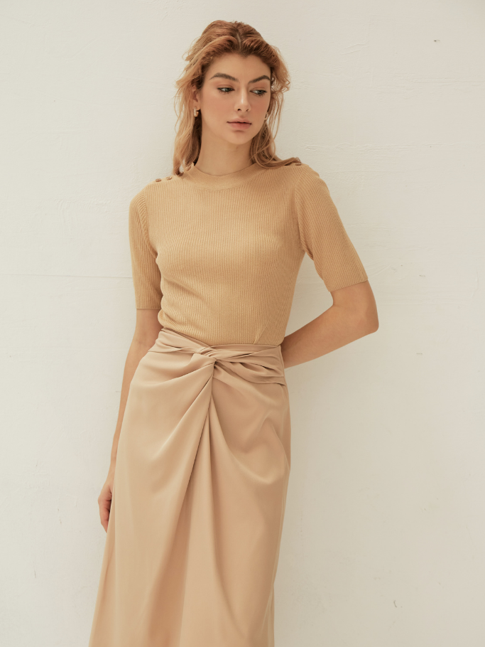 Váy Midi Nâu Xoắn Nơ