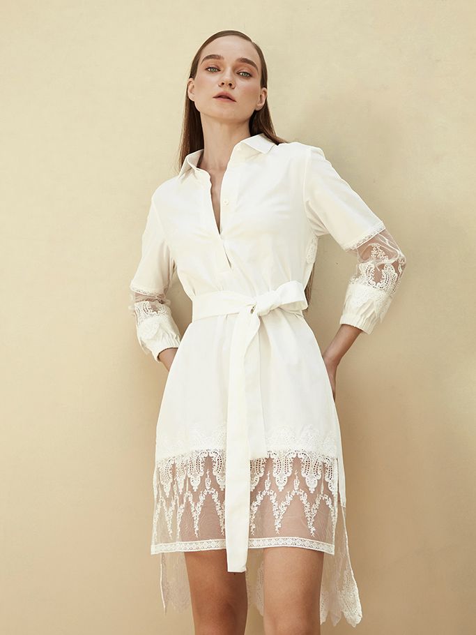 Đầm Sơ Mi Phối Ren Kèm Belt