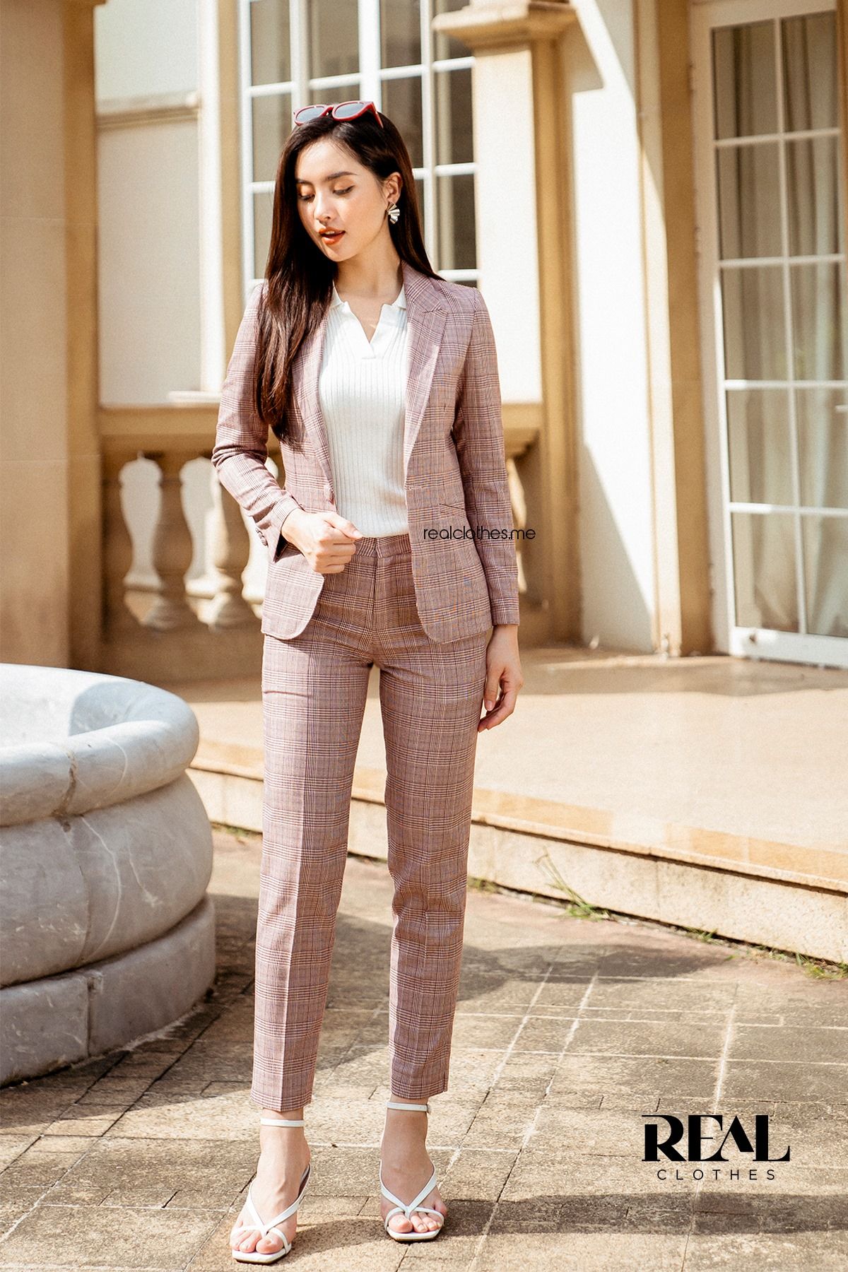 Quần ống đứng caro đỏ tím