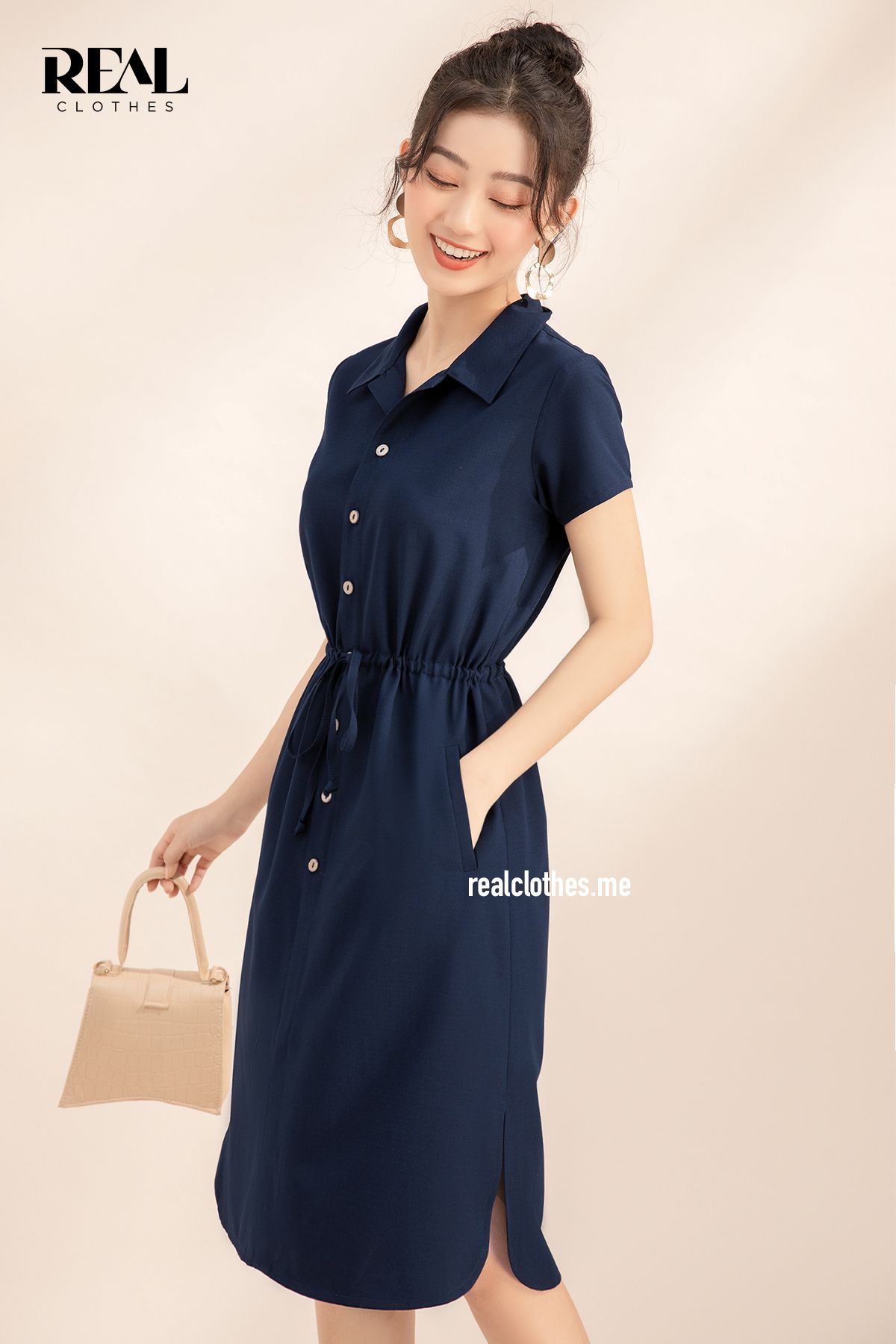 Đầm sơ mi rút dây xanh đen