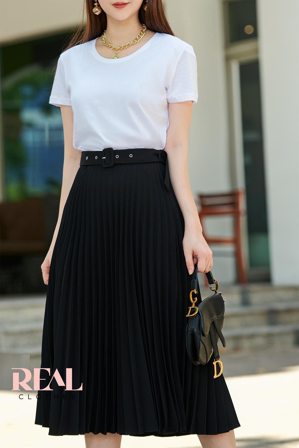 Váy rẻ quạt đen (kèm belt)
