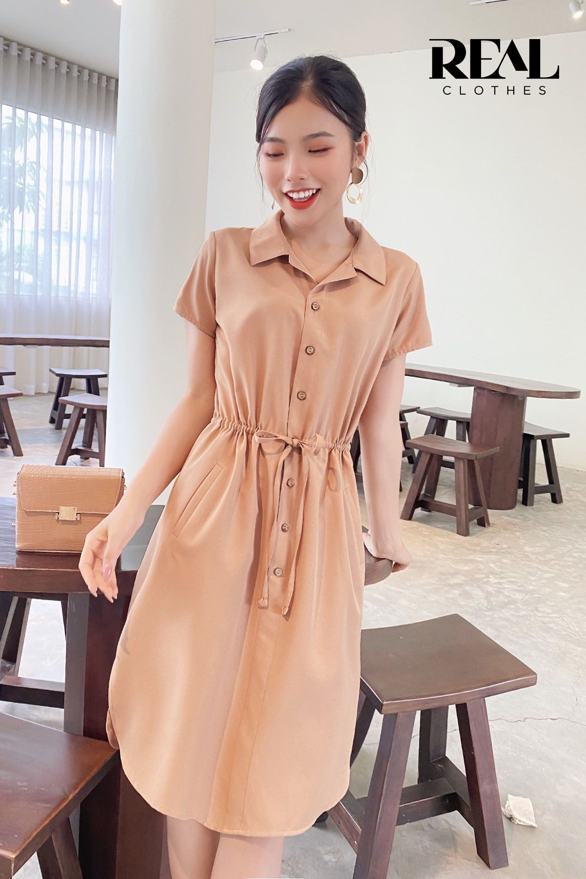 Đầm sơ mi rút dây cafe sữa đậm