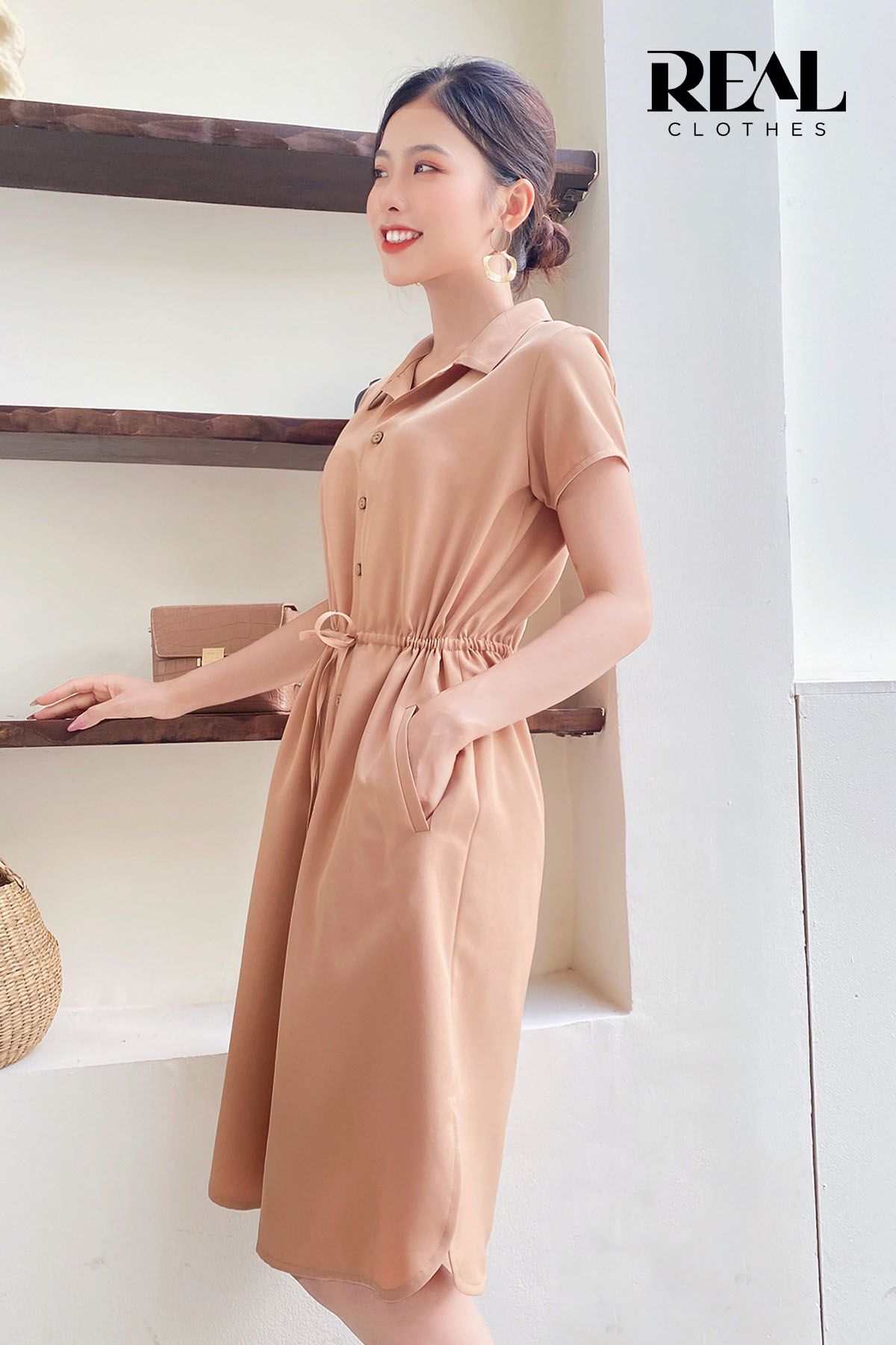 Đầm sơ mi rút dây cafe sữa đậm