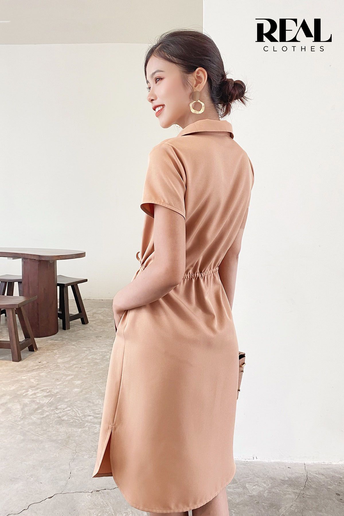 Đầm sơ mi rút dây cafe sữa đậm