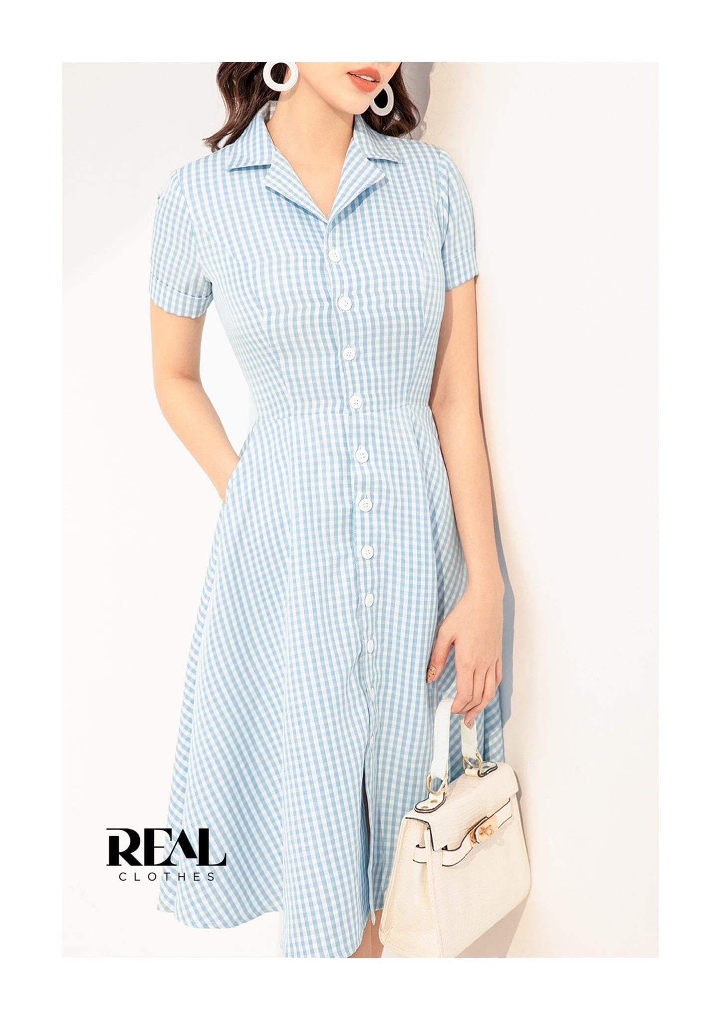 Đầm cổ ve caro xanh