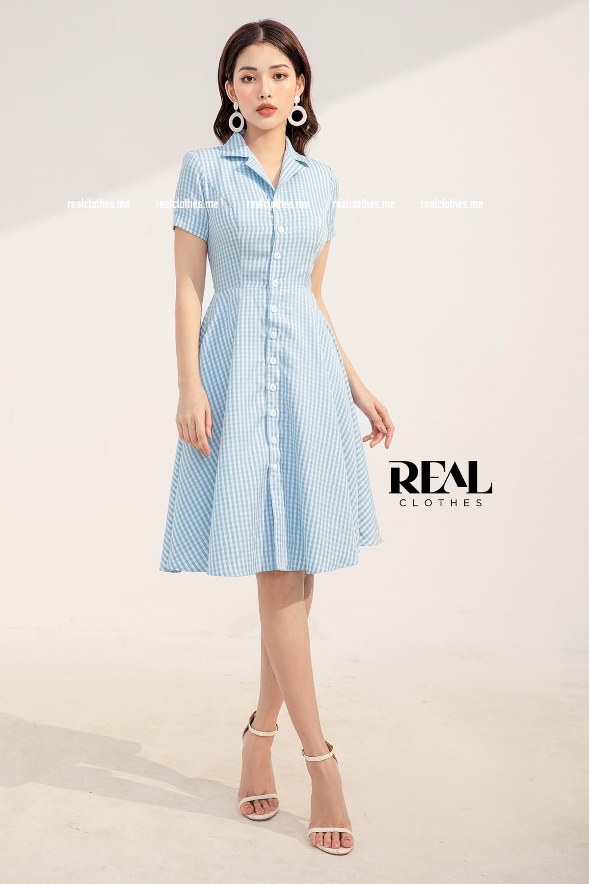 Đầm cổ ve caro xanh