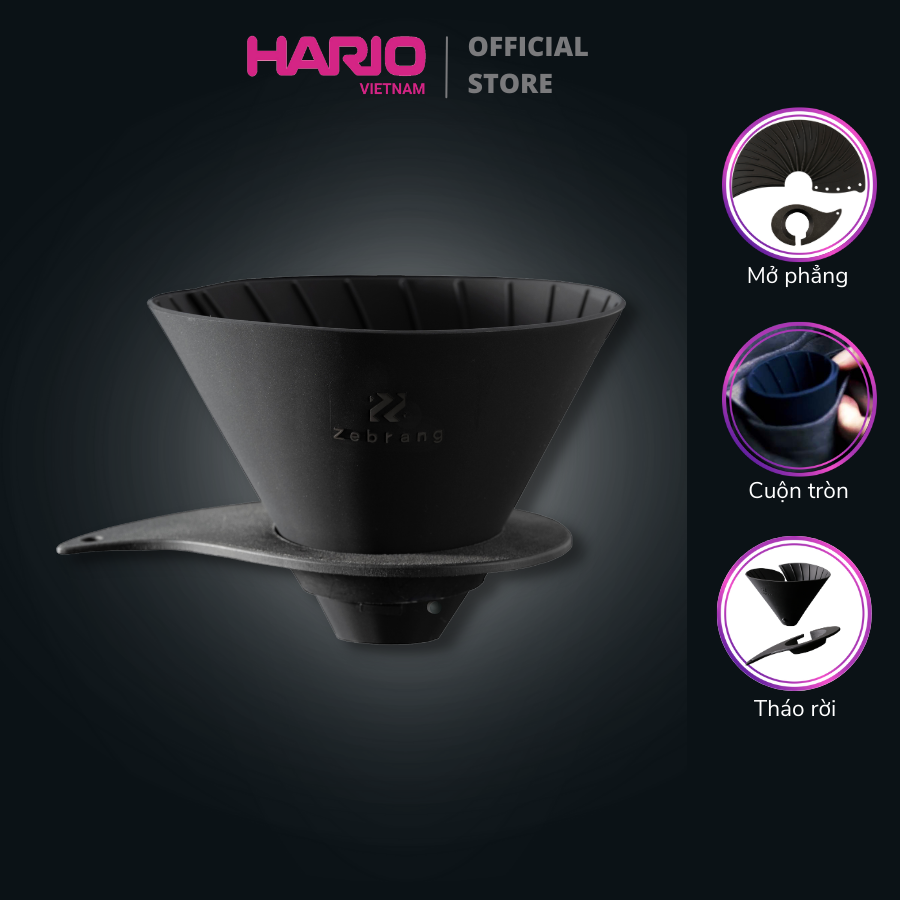 Phễu pha cà phê du lịch Hario V60 Zebrang flat dripper ZB-VDFP-02B bằng silicone, size 02 (có thể tháo rời và cuộn tròn)