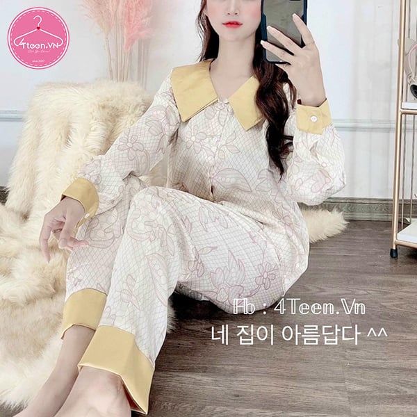 Đồ bộ mặc nhà pijama cổ bèo nhún