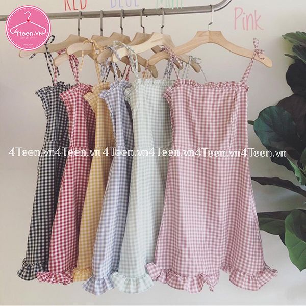 Đầm caro 2 dây tiểu thư
