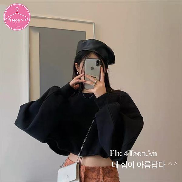 Áo croptop nỉ lót lông cừu tay dài dáng rộng