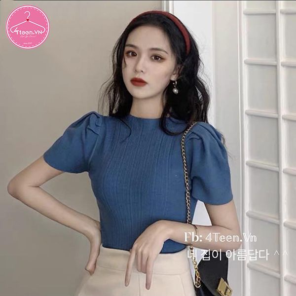 Áo croptop ôm body cổ cao tay phồng