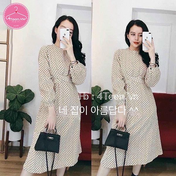 Đầm dài thu đông chấm bi nhỏ kiểu Hàn Quốc