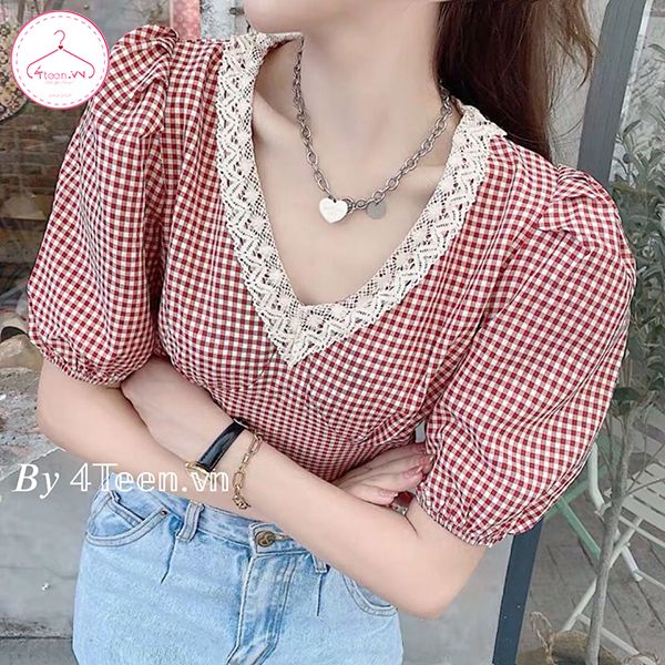 Áo sơ mi kiểu cổ tim viền ren