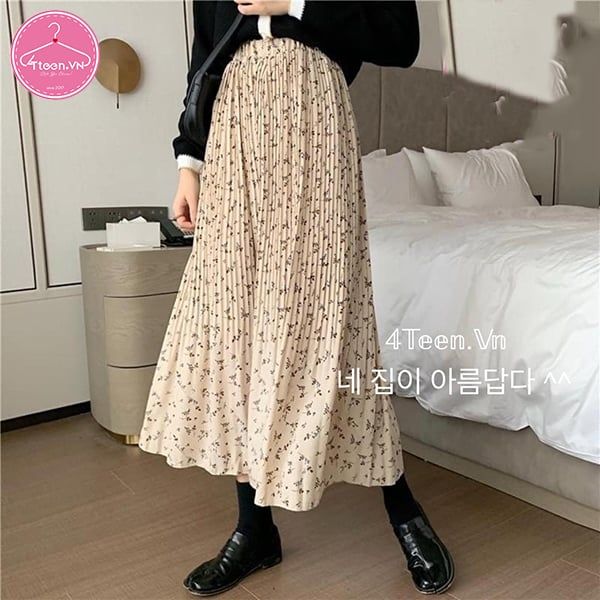 Chân váy xếp ly dài hoa nhí