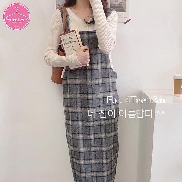 Váy yếm vải sọc caro dáng maxi thời trang
