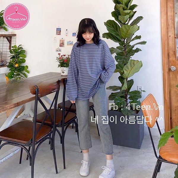 Áo thun nữ tay dài form rộng in họa tiết thời trang
