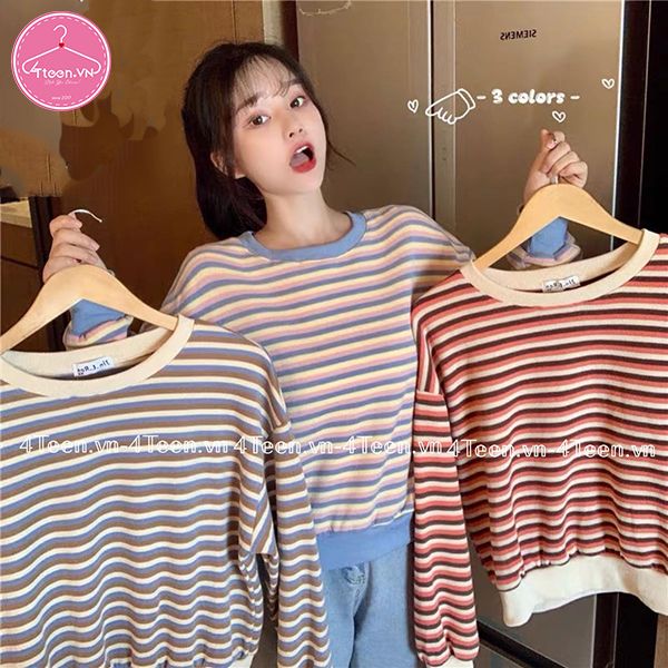 Áo thun nữ sọc bản to tay dài ôm nhẹ