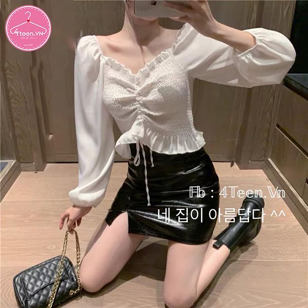 Áo sơ mi kiểu trễ vai tay bèo nhún phối dây rút ngực