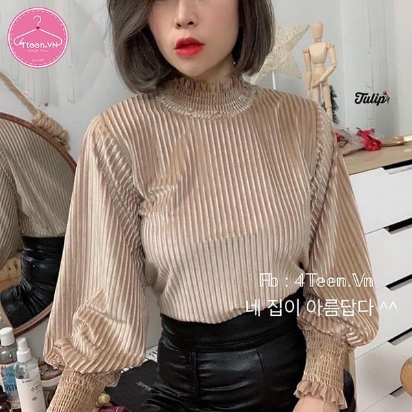 Áo nhung tay dài cổ nhún