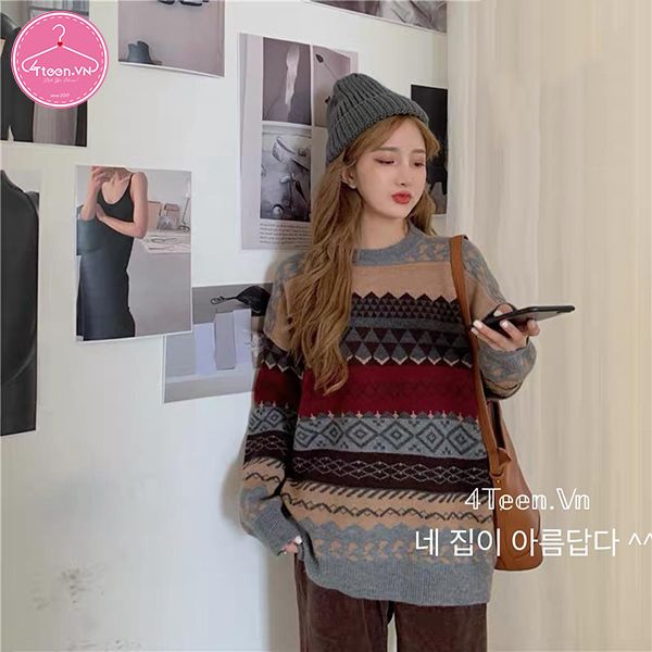 Áo len thổ cẩm dáng rộng Ulzzang