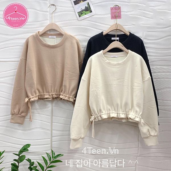 Áo croptop nỉ lót lông cừu dây rút eo
