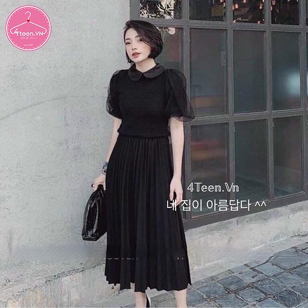 Chân váy dài xếp ly trơn kèm thắt lưng kiểu dễ thương