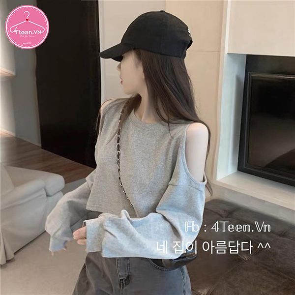 Áo croptop tay dài dáng rộng khoét vai độc đáo