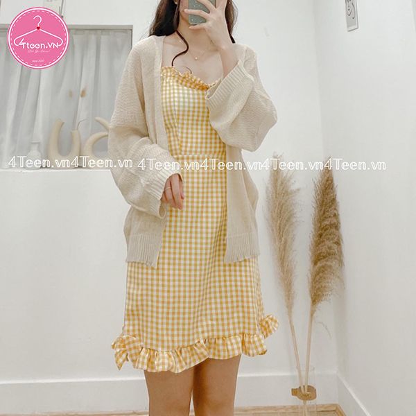 Đầm caro 2 dây tiểu thư